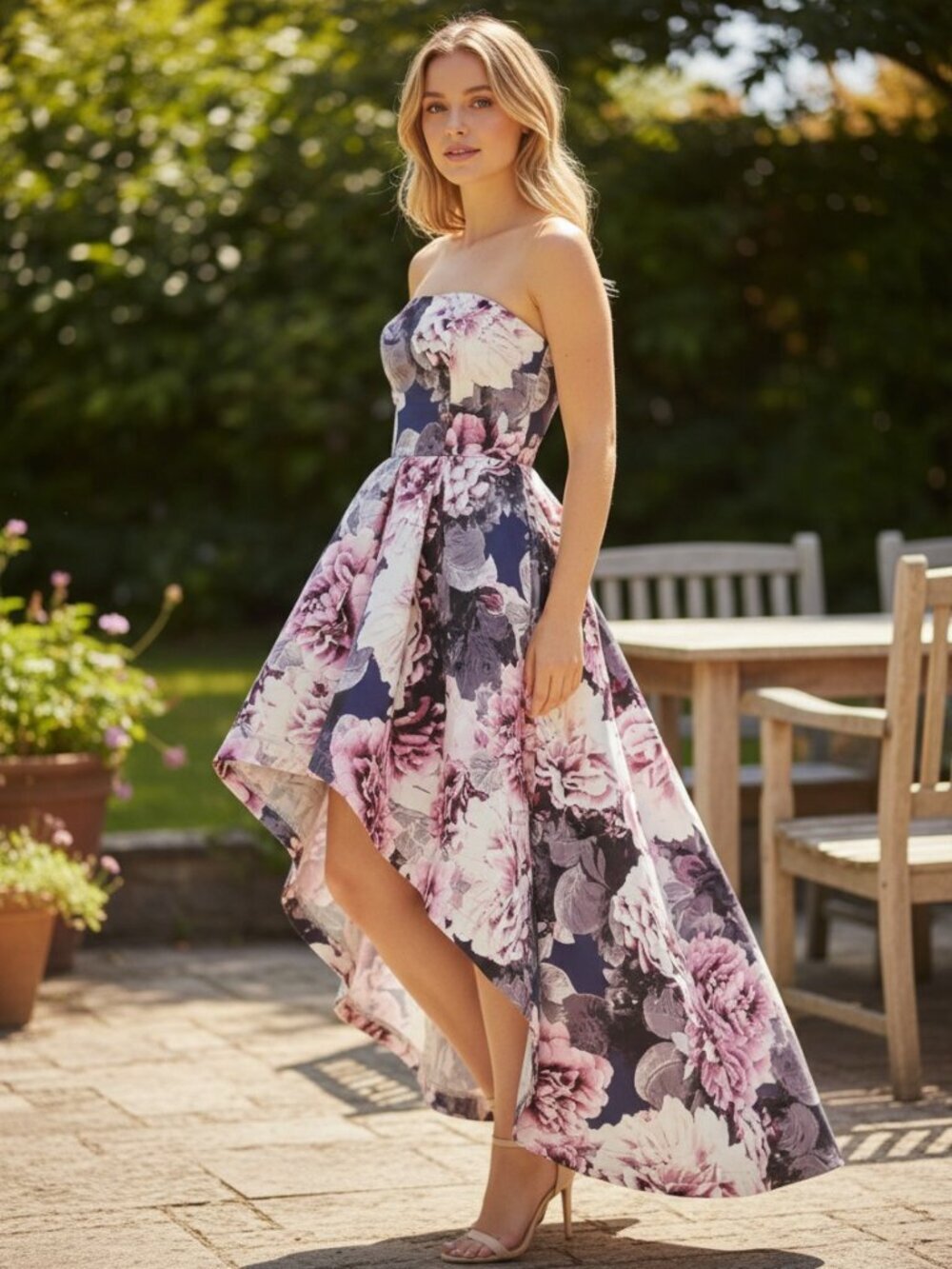Floral High Low Strapless Gala Prom Wedding Guest Dress, Size 13